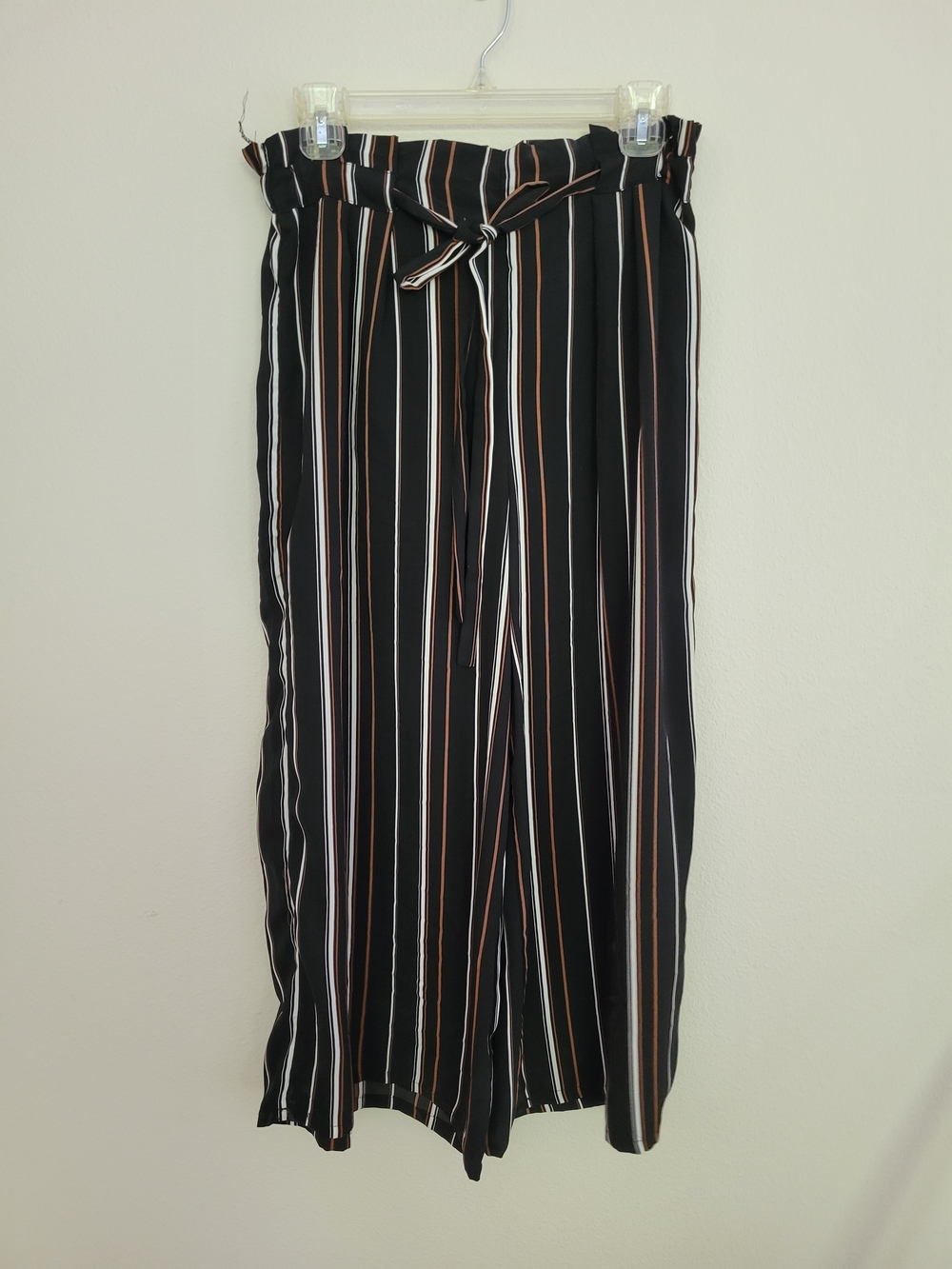 Striped Black Paperbag Waist Wide-Leg Pants